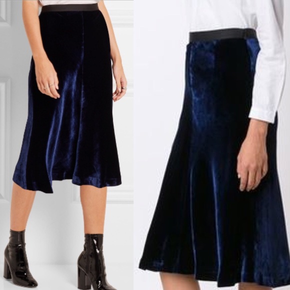 blue velvet midi skirt